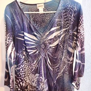 Chicos blue and white tie dyed top with bling
